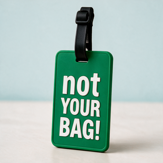 Groen kofferlabel met tekst "Not Your Bag!" en zwarte lus, hangend aan koffer